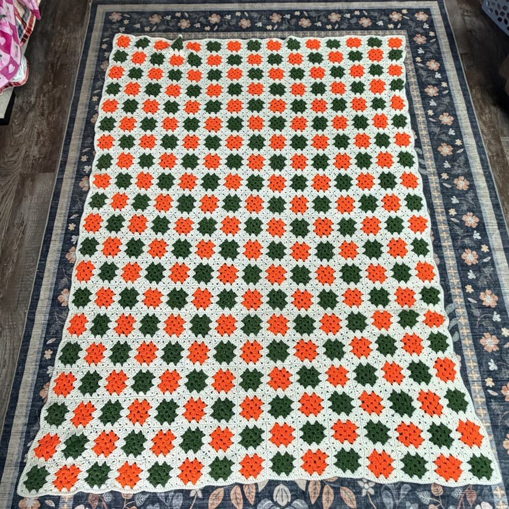 Vintage 70s Granny Square Crochet Afghan Blanket Throw Orange, Cream Green Big